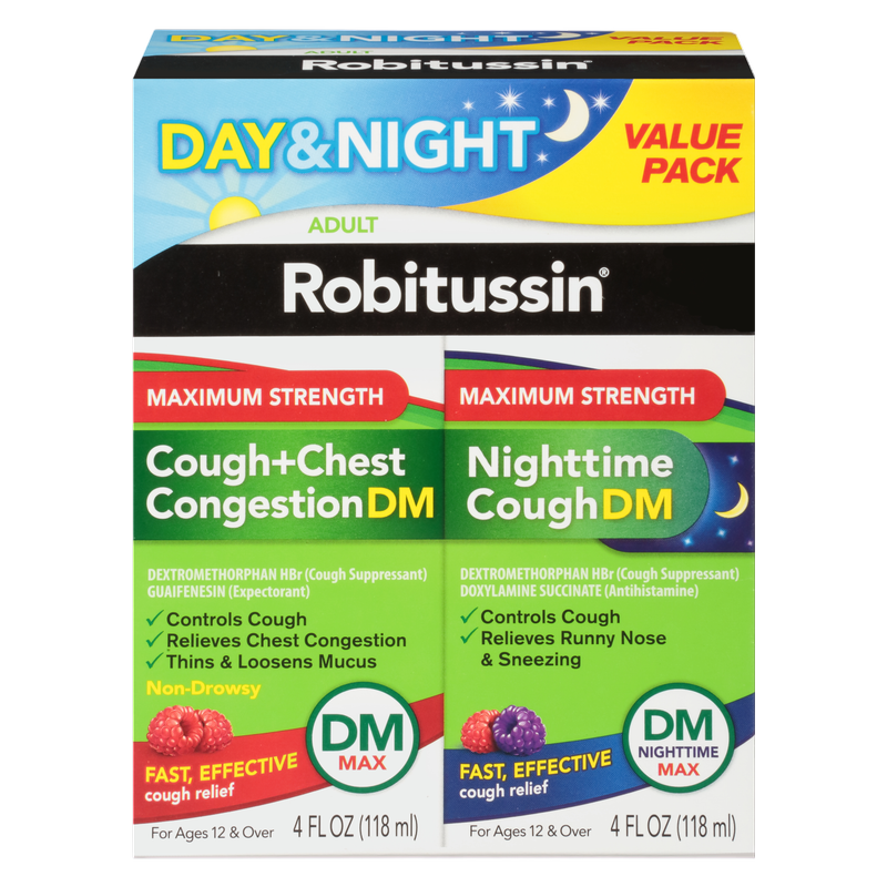 Robitussin Maximum Strength Cough + Chest Congestion DM And Maximum Strength Nighttime Cough DM Berry Flavor - 4 Fl Oz Bottles (Pack of 2)