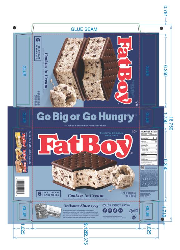 FatBoy Sandwich Cookies n' Cream Ice Cream Sandwich 6ct