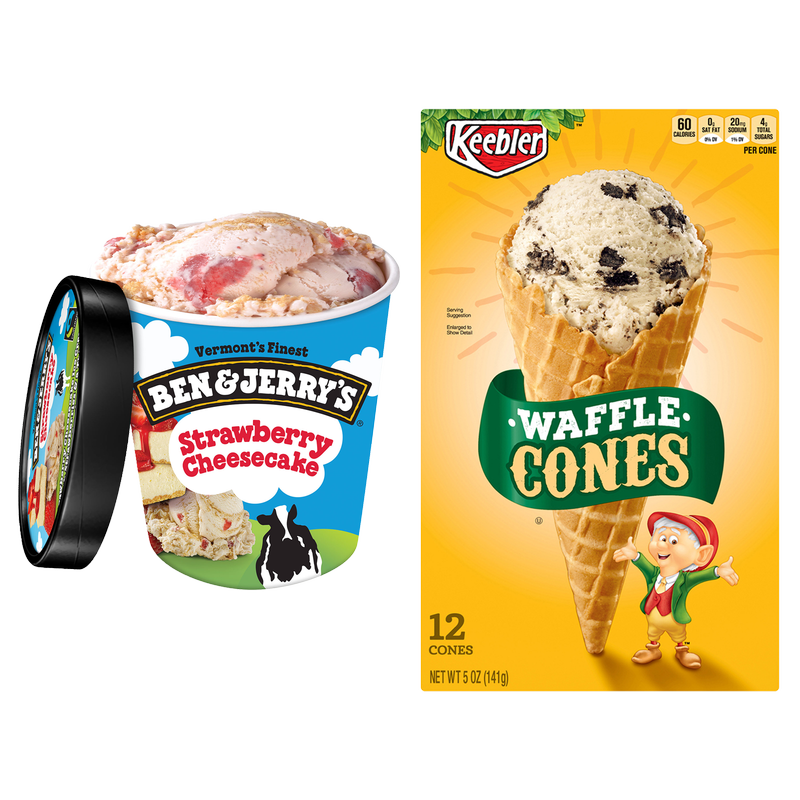 Ben & Jerry's Strawberry Cheesecake Pint & Keebler Waffle Cone 12ct 5oz