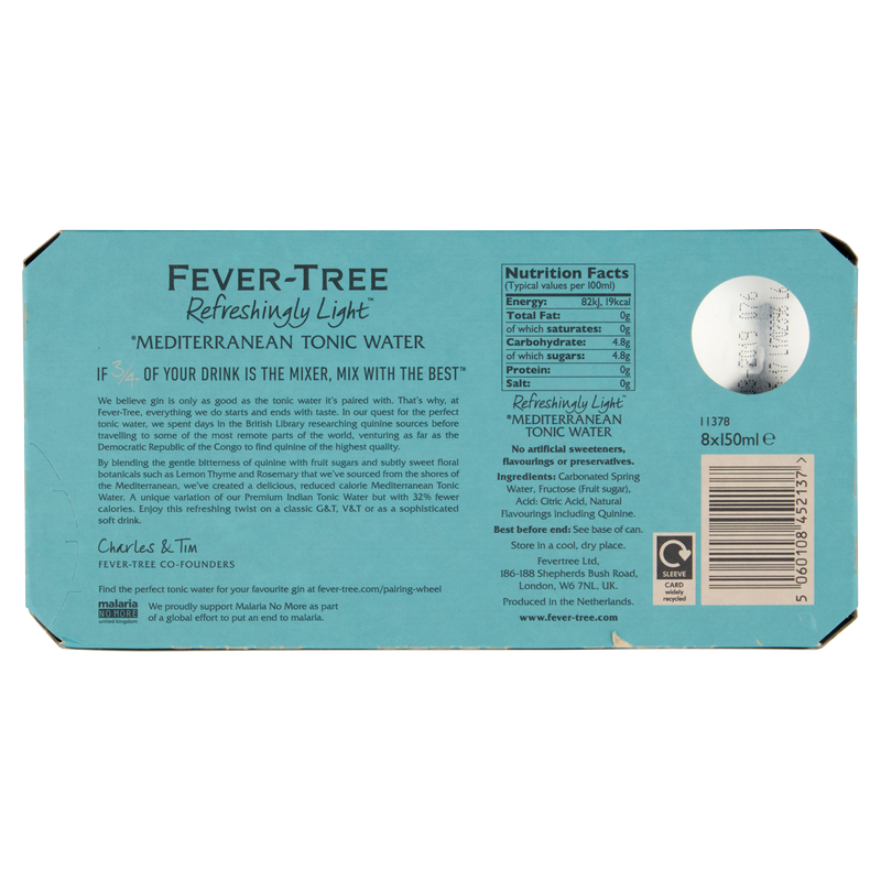 Fever Tree Refreshingly Light Mediterranean Tonic Water, 8 x 150ml