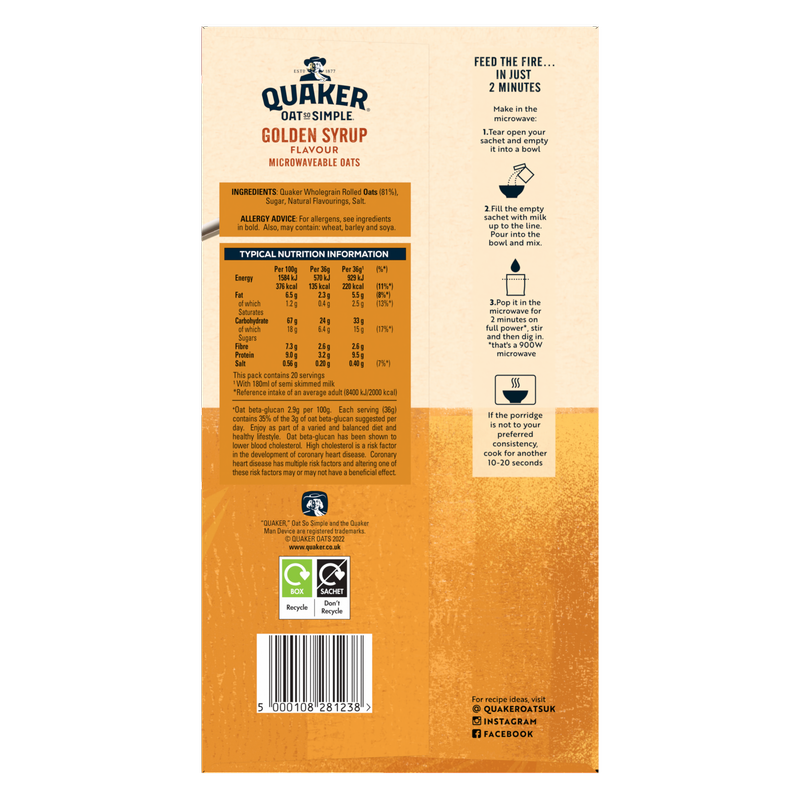 Quaker Oat So Simple Golden Syrup Porridge, 20 x 36g