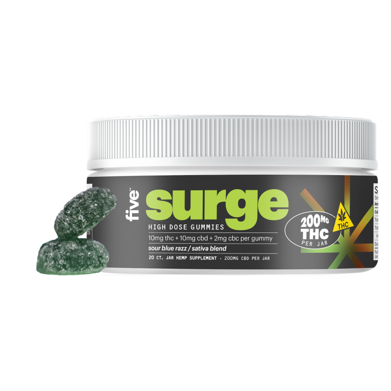 Five High Potency Surge Gummy, Sour Blue Razz, Sativa, 10mgCBD, 10mgTHC, 2mgCBC, 20ct