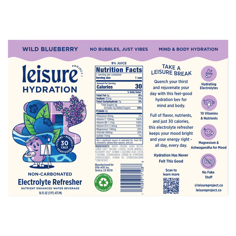 Leisure Hydration Wild Blueberry Electrolyte Refresher 16oz Can