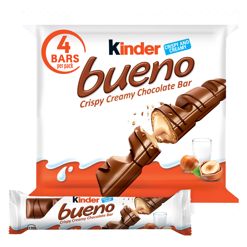 Kinder Bueno Milk Chocolate and Hazelnut Cream, 4 Chocolate Bars, 0.75 oz Each