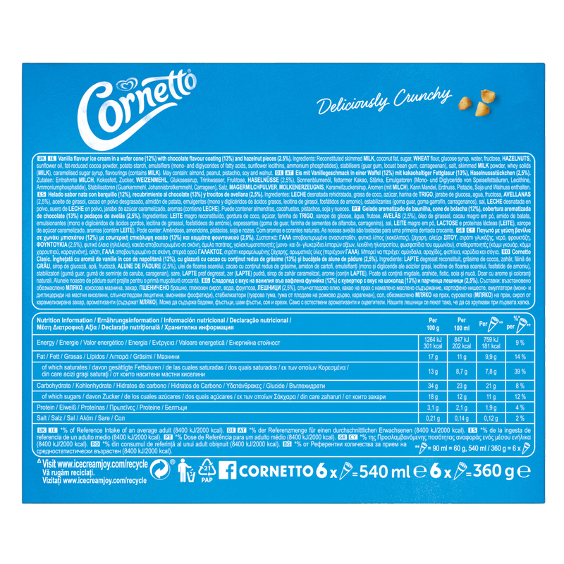 Cornetto Classic Cone, 6 x 90ml
