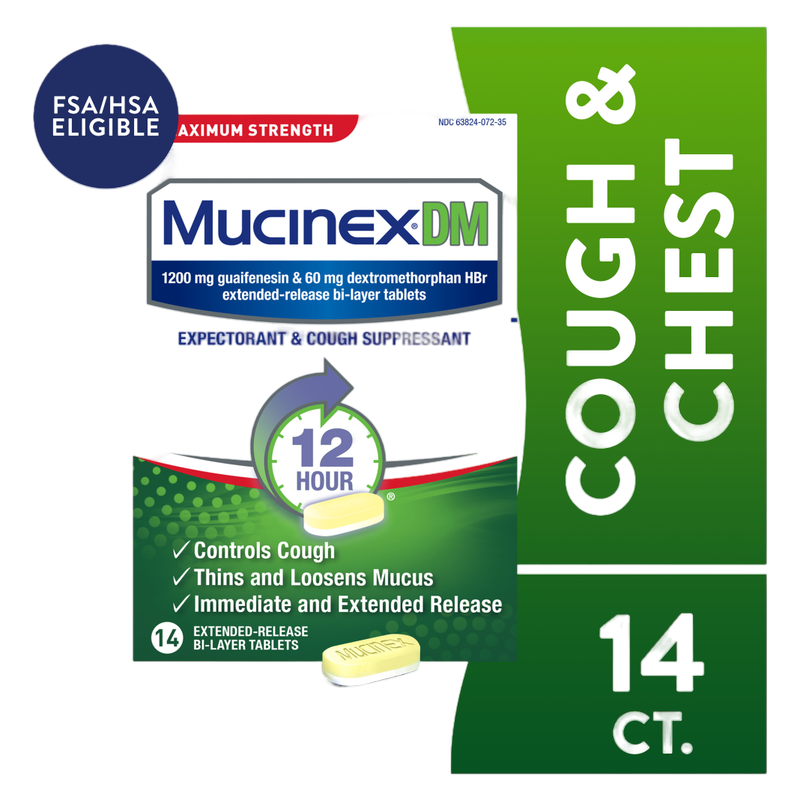 Mucinex DM Maximum Strength 12-Hour Expectorant and Cough Suppressant Tablets, 14 Count