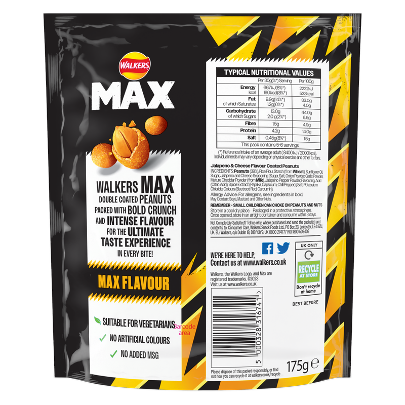 Walkers Max Strong Nuts Jalapeno & Cheese, 175g