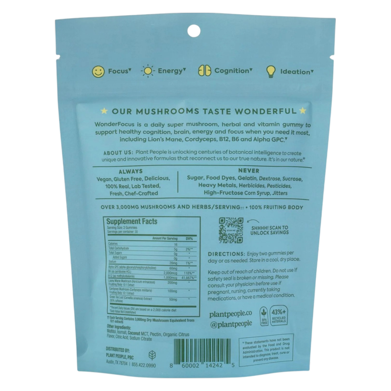 Plant People Wonderfocus Mushroom Gummies, 10ct