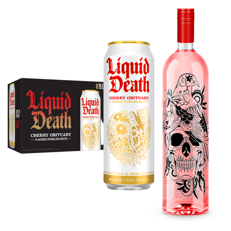 Superbird Spicy Tequila, Liquid Death Cherry Obituary Sparkling Water 8pk 19.2oz Can