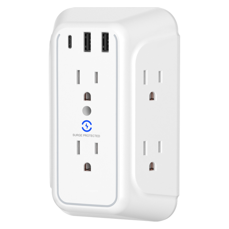 USB Wall Charger/Surge Protector 6-Outlet Extender with 2 USB Charging Ports 3-Sided Power Strip with Adapter Spaced Outlets