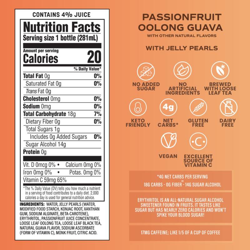 BUBLUV Passionfruit Oolong Guava Low-Sugar Bubble Tea with Jelly Pearls 9.5oz Btl