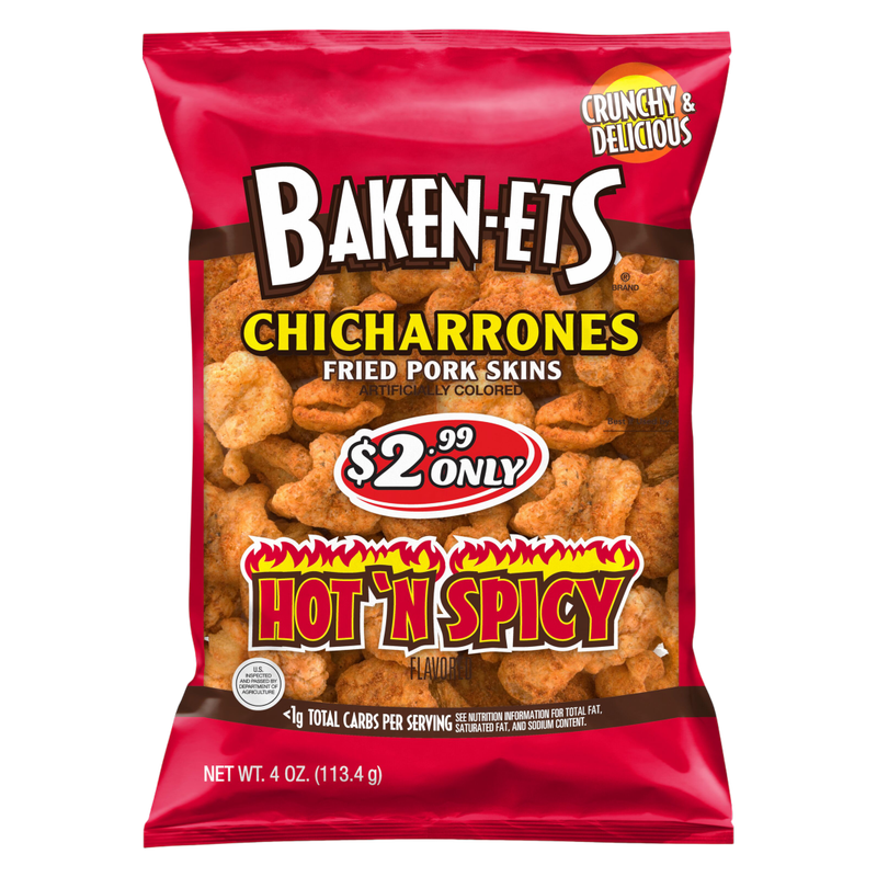 Baken-Ets Chicharrones Fried Pork Skins Hot'N Spicy Flavored 4 Oz