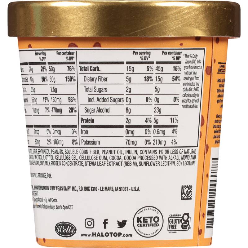 Helado Keto Halo Top de mantequilla de maní y chocolate, 16 oz