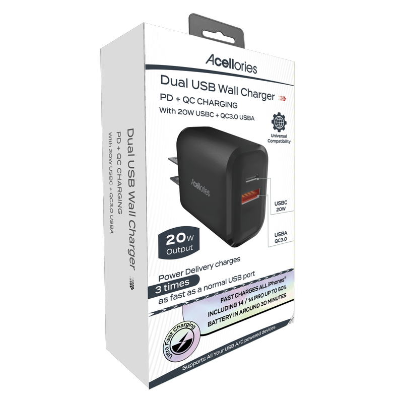 20W Dual-Port USB-A and USB-C Wall Charger
