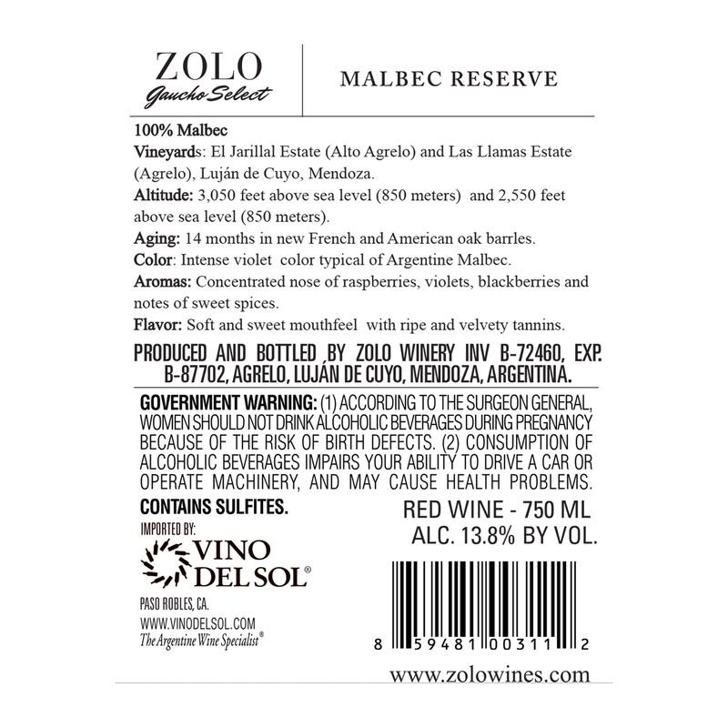 Zolo Gaucho Select Reserve Malbec 750ml
