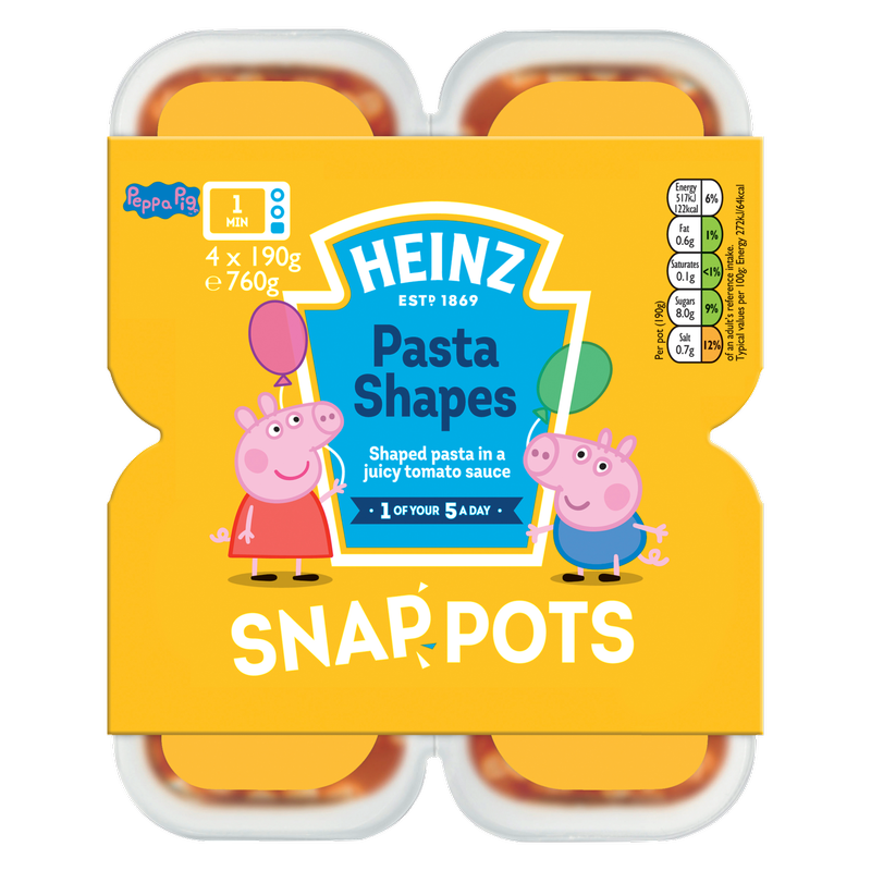 Heinz Peppa Pig Pasta Shapes Snap Pots, 4 x 190g