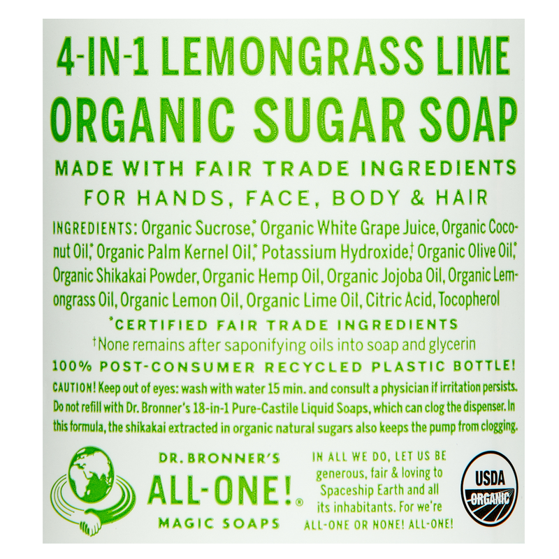 Dr. Bronner's Organic Sugar Soap Lemongrass Lime 12oz