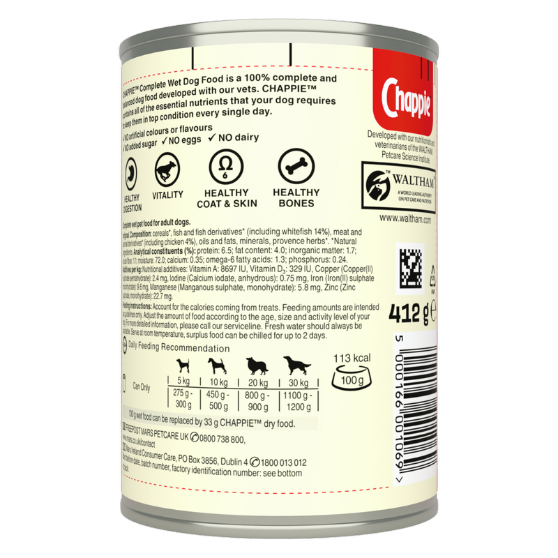 Chappie Adult Wet Dog Food Tin Original in Loaf, 412g