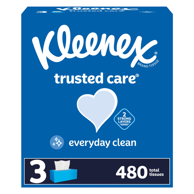 Kleenex Trusted Care Facial Tissues, 3 Flat Boxes, 160 Tissues per Box, 2-Ply (480 Total Tissues)