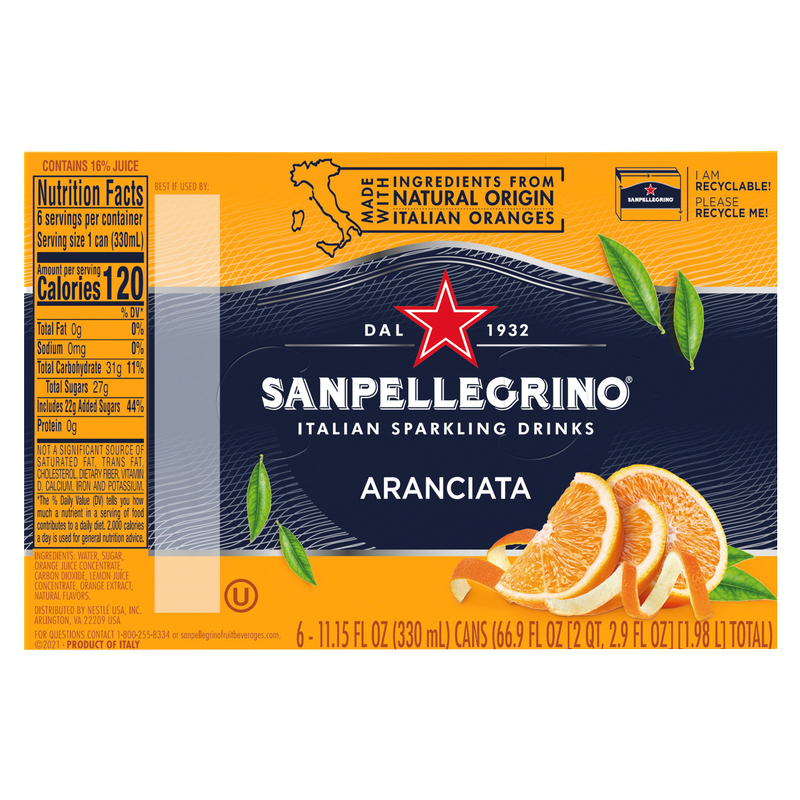 San Pellegrino Italian Sparkling Drink Aranciata Orange 330ml 6pk Cans