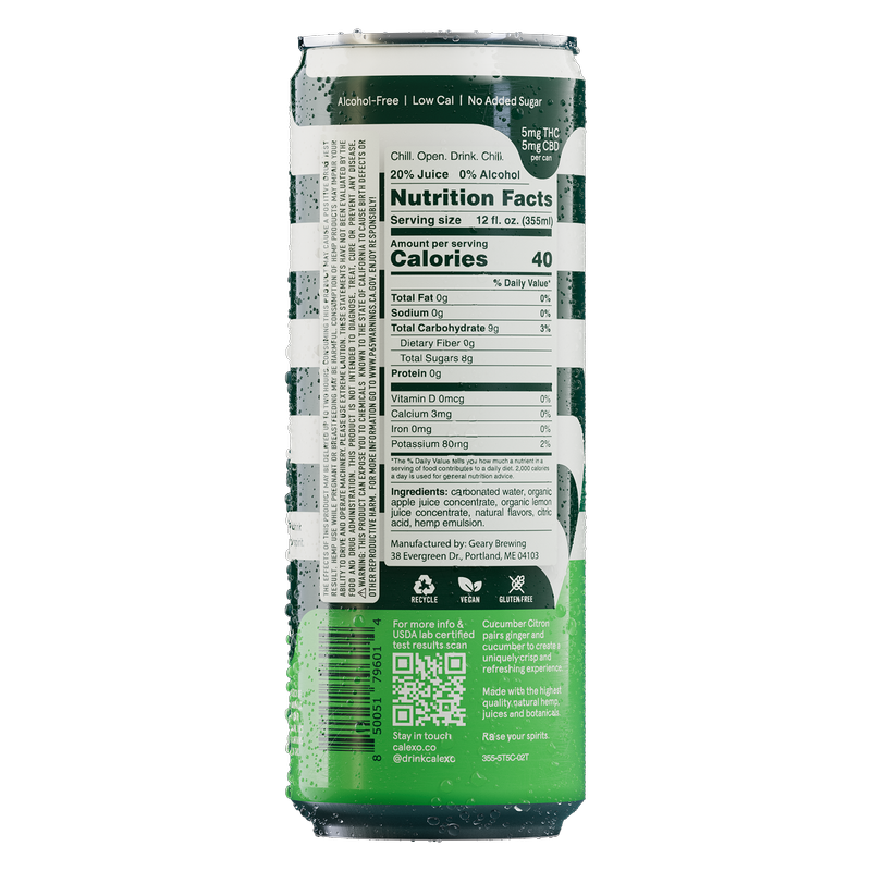 Calexo THC 5mg Cucumber Citron Sparkling  Beverage 4pk 12oz Can