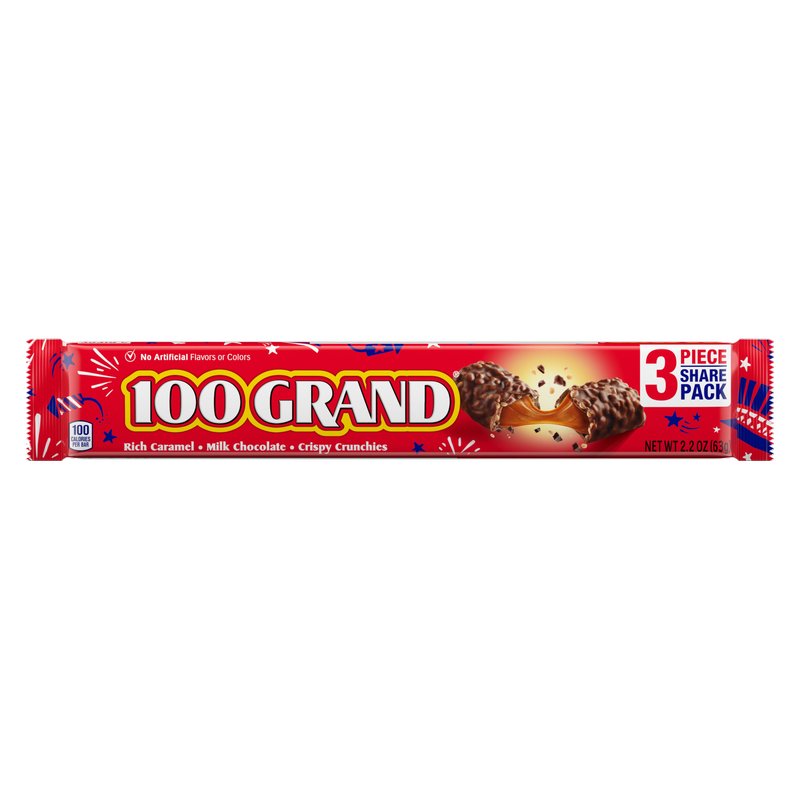 100 Grand, Crispy Milk Chocolate with Caramel, 3 piece Share Pack Candy Bars, 2.2 oz