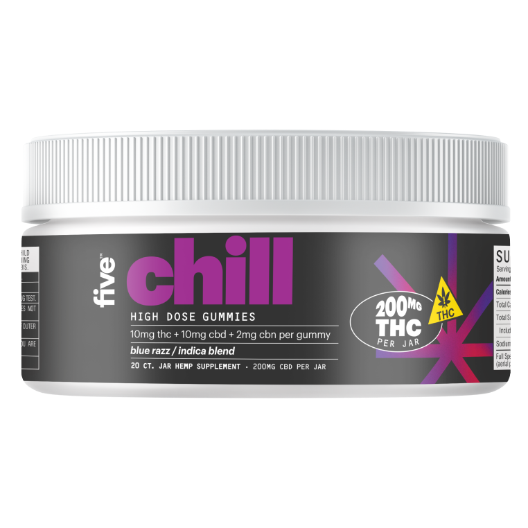 Five High Potency Chill Gummy, Blue Razz, Indica, 10mgCBD, 10mgTHC, 2mgCBN, 20ct