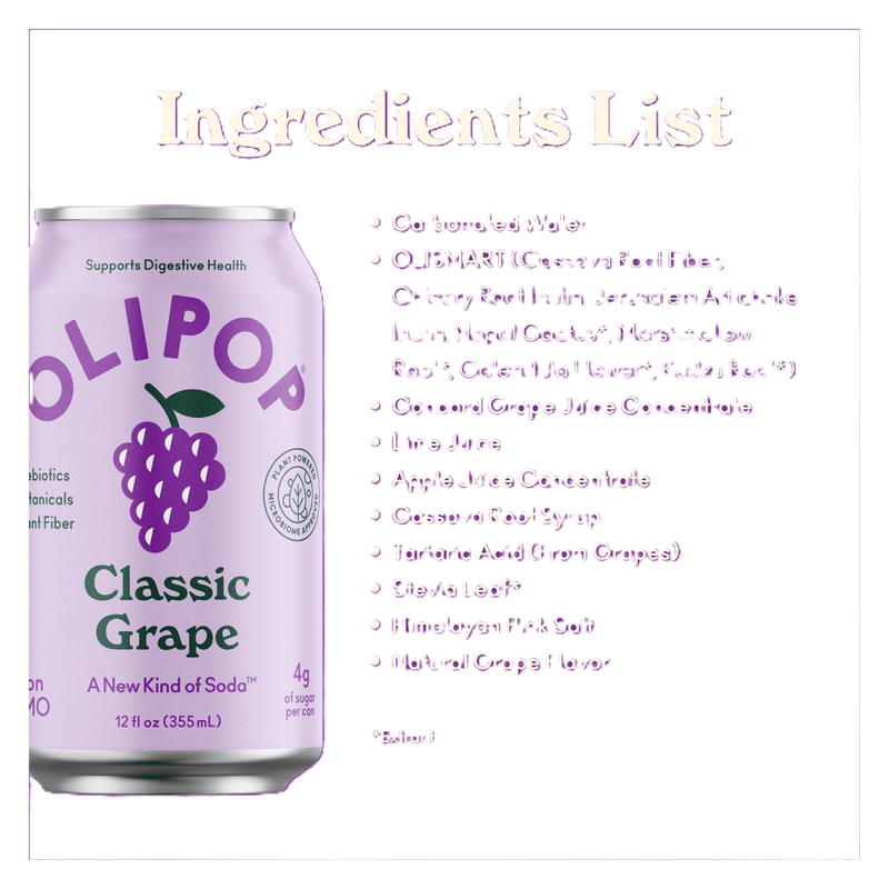 OLIPOP Prebiotic Soda, Grape Soda, 12 Oz Can