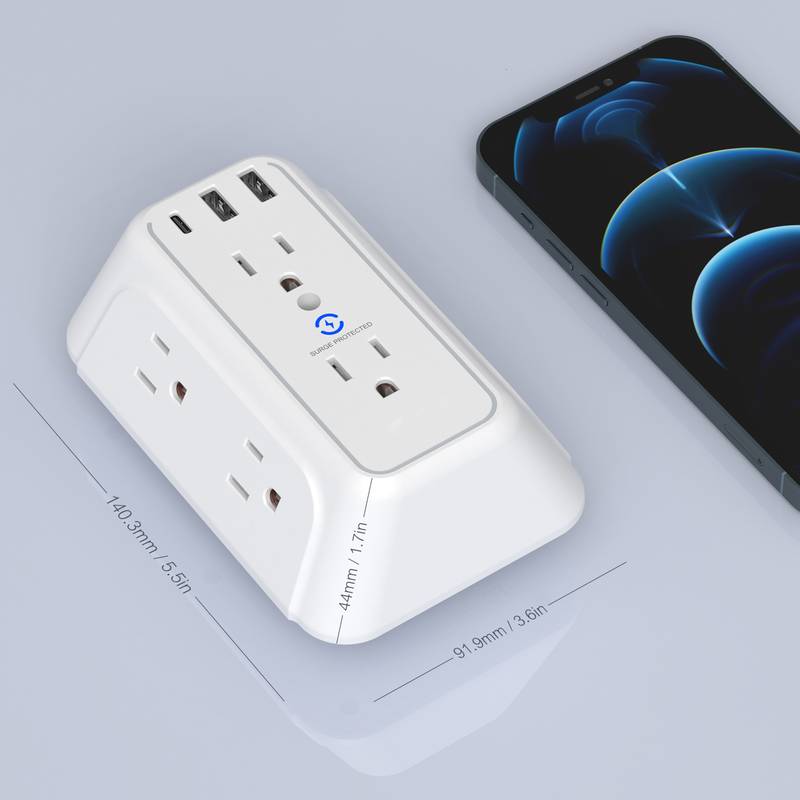 USB Wall Charger/Surge Protector 6-Outlet Extender with 2 USB Charging Ports 3-Sided Power Strip with Adapter Spaced Outlets