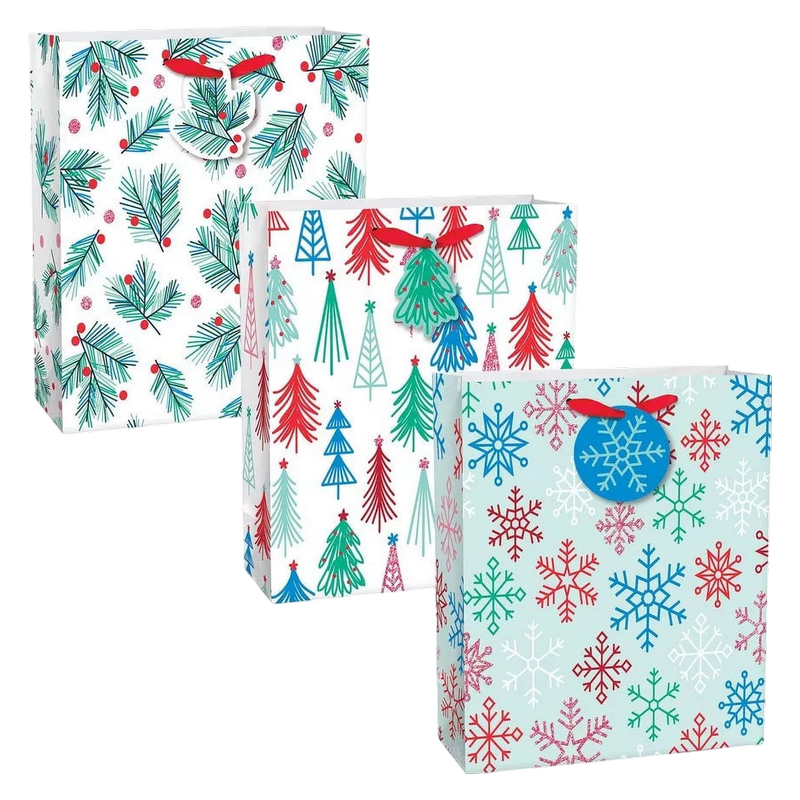 Holly, Tree, Snowflake Large Matte Gift Bag Multipack