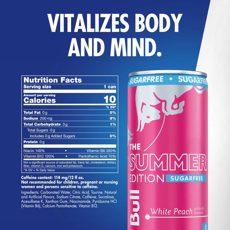 Red Bull Sugar Free White Peach The Summer Edition Energy Drink 4pk 12oz Can- XL