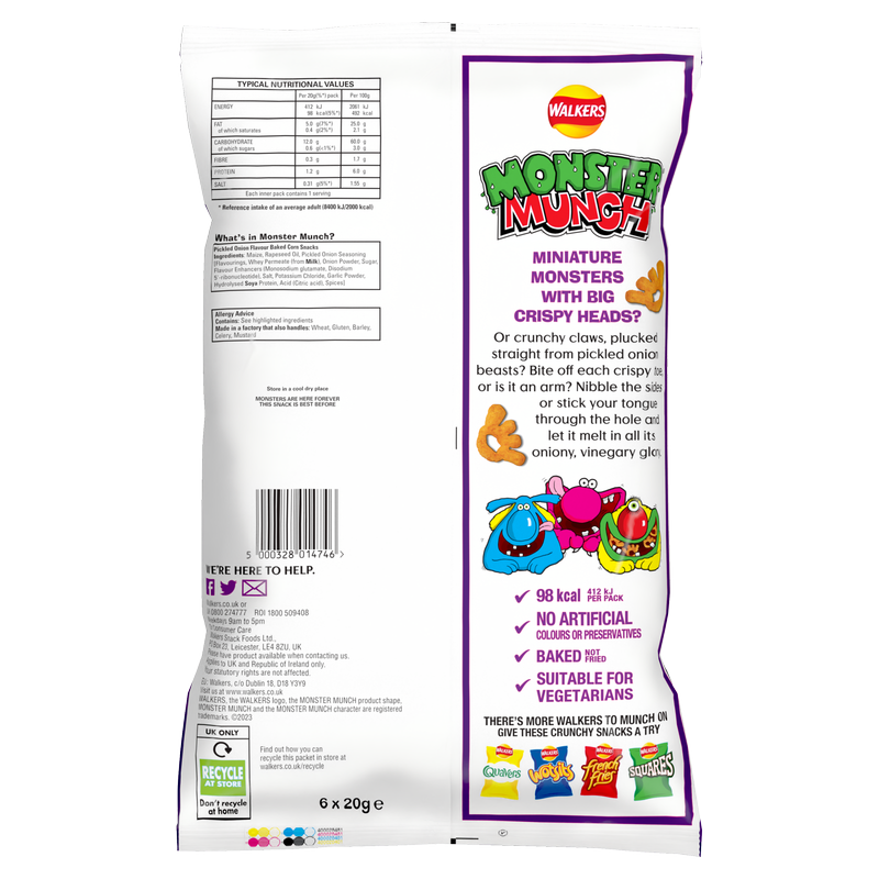 Walkers Monster Munch Pickled Onion, 6 x 20g