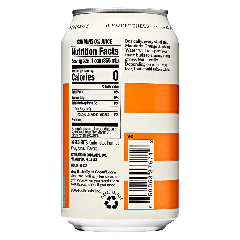 Basically Mandarin Orange Sparkling Water 8pk 12oz Cans