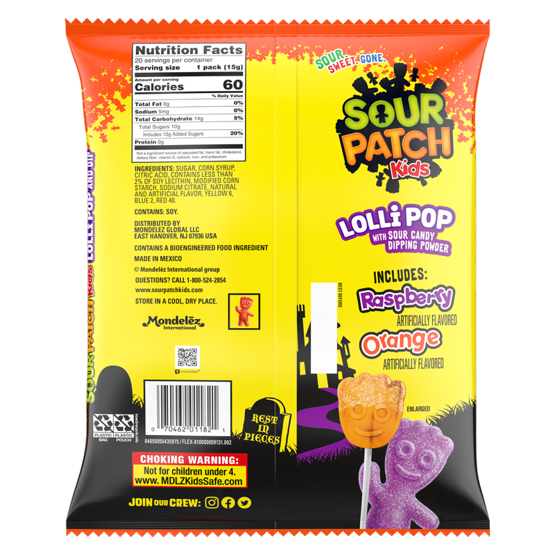 Sour Patch Kids Rasperry and Orange Lollipops Bag 10.5oz