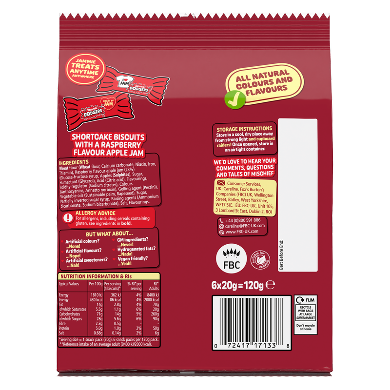 Jammie Dodgers Mini Biscuit Snack Packs, 6 x 20g