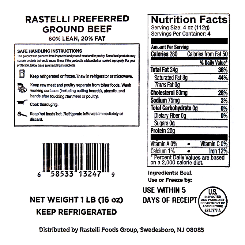 Rastelli's Preferred Fresh Ground Beef 80% Lean 20% Fat - Single 16oz Pack