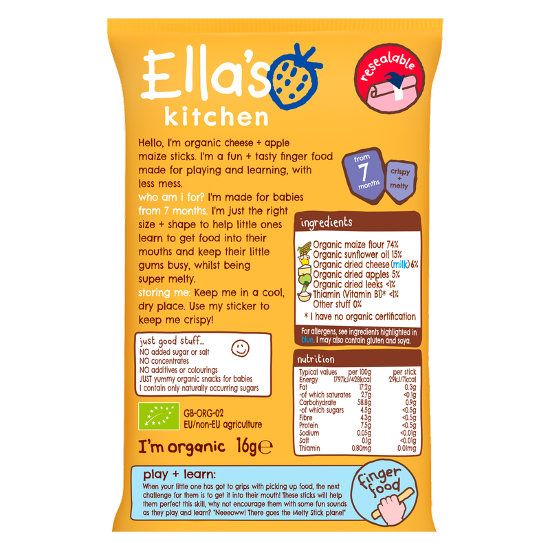 Ella's Kitchen Organic Cheese and Apple Melty Sticks Baby Snack 7m+, 16g