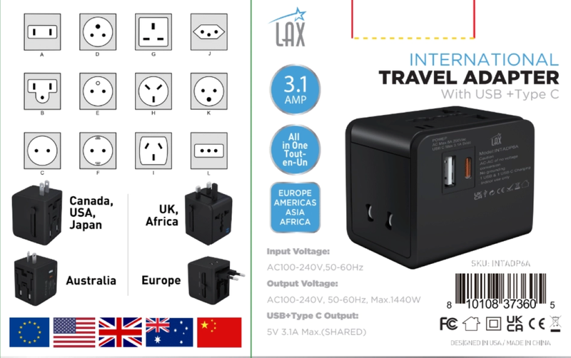 Travel Adapter with 1x USB-C 3.1A 5V and 1 USB
