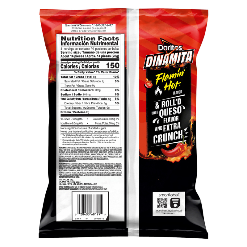 Doritos Dinamita Rolled Tortilla Chips Flamin' Hot Queso Flavored, 4oz