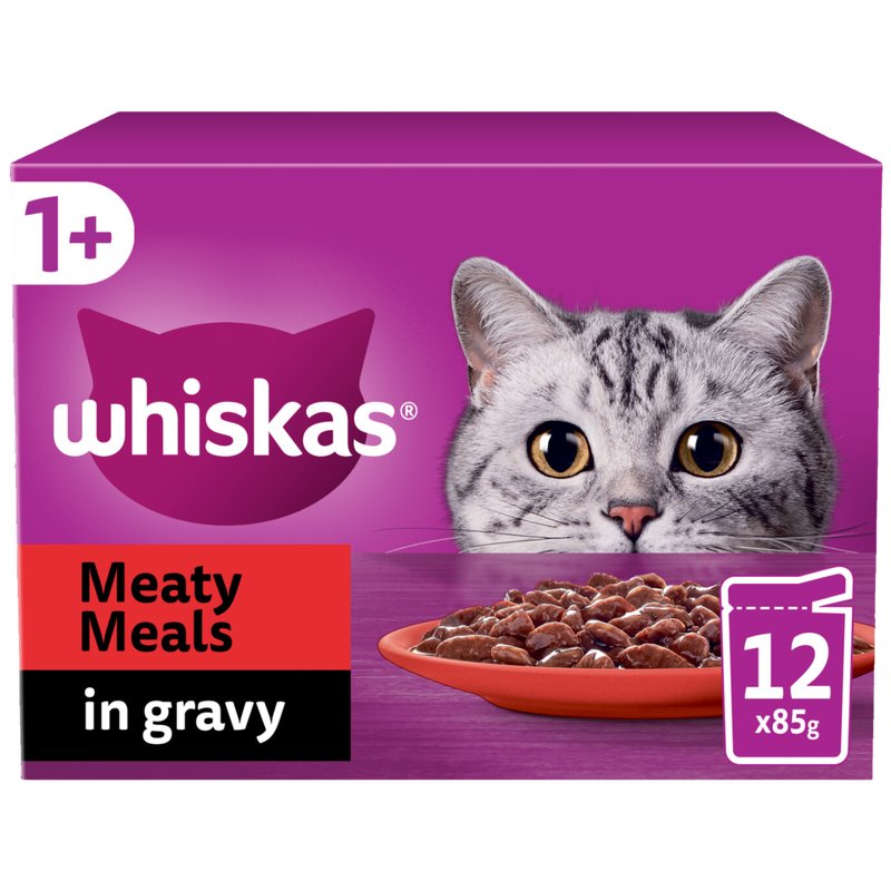 Whiskas 1+ Cat Pouches Meaty Meals in Gravy, 12 x 85g