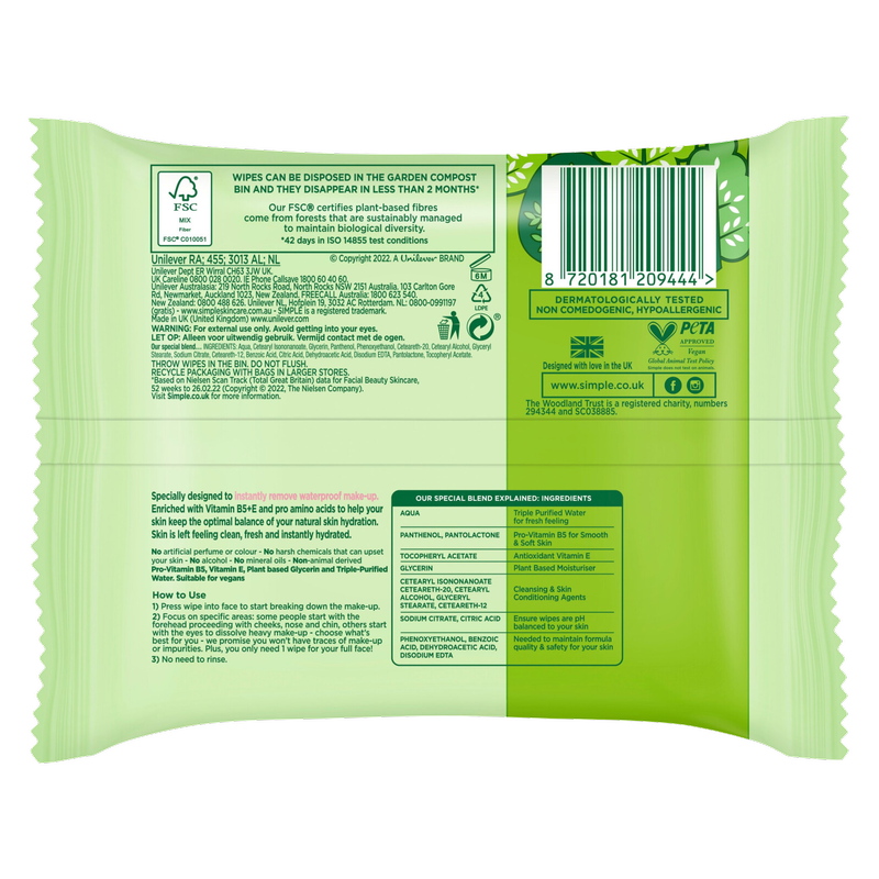 Simple Cleansing Biodegradable Face Wipes, 25pcs