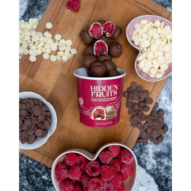 Hidden Fruits White & Milk Belgian Chocolate Coated Raspberries, 150g