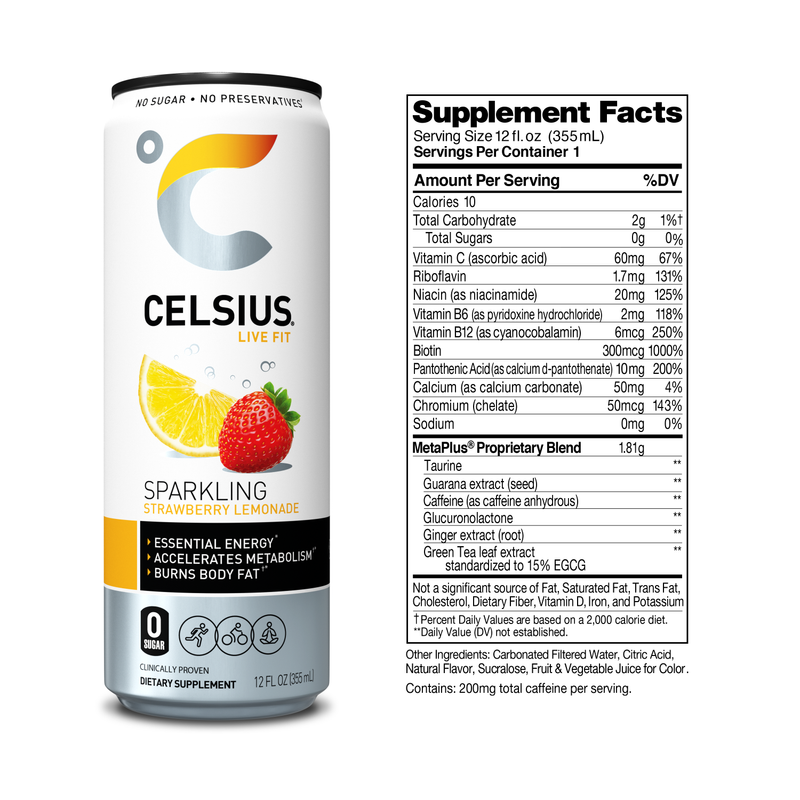 CELSIUS Sparkling Strawberry Lemonade, Essential Energy Drink 12oz Can
