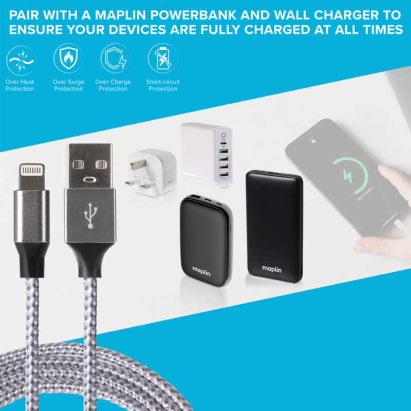 Maplin 1m iPhone Lightning to USB-A Braided Cable, 1pcs