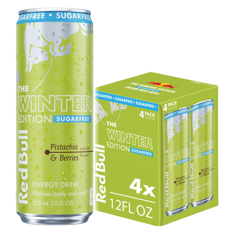 Red Bull Sugar Free Winter Edition Energy Drink, Pistachio & Berries, 4-Pack of 12oz Cans-XL