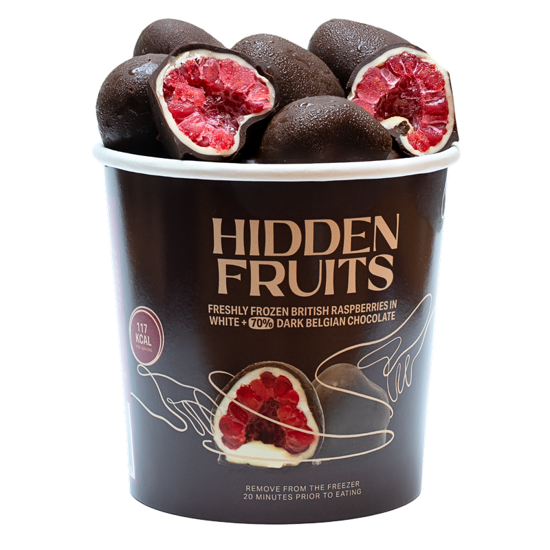 Hidden Fruits White & 70% Dark Belgian Chocolate Coated Raspberries, 150g