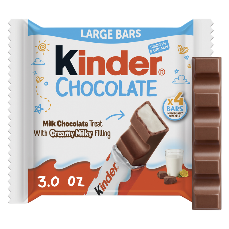 Kinder Chocolate, 4 Large Bars, Milk Chocolate Bar with Creamy Milky Filling, Individually Wrapped Candy, 3 oz Total