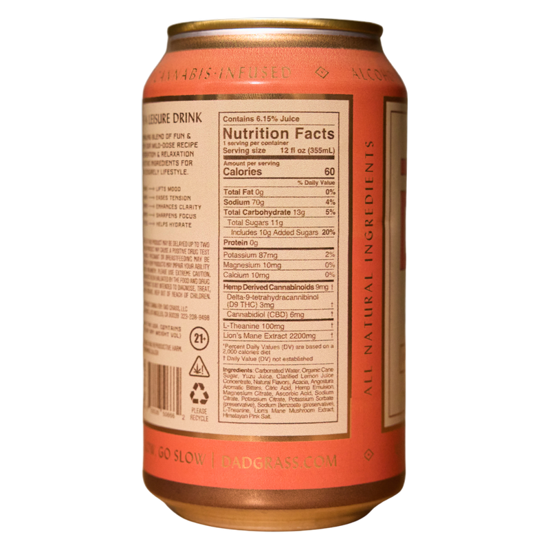 Dad Grass Bebida Recreativa Yuzu Grapefruit Mint con 3 mg de THC, lata de 12 oz
