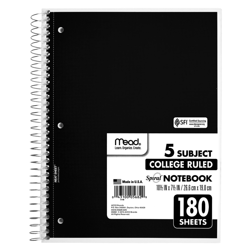 Mead Five Subject Notebook 180 Sheets
