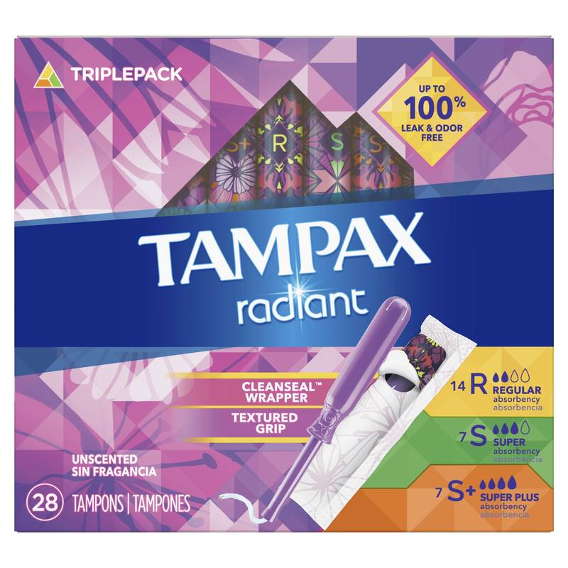 Tampax Radiant Unscented Tampons Trio Pack Regular/Super/Super Plus Absorbency 28 Ct
